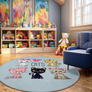 Leuke cartoon katten kinderkamer rond tapijt - kleurrijke kat mooie cirkel tapijt - schattig kattenvrienden speelkamermat - lichtblauwe kinderkamerinrichting