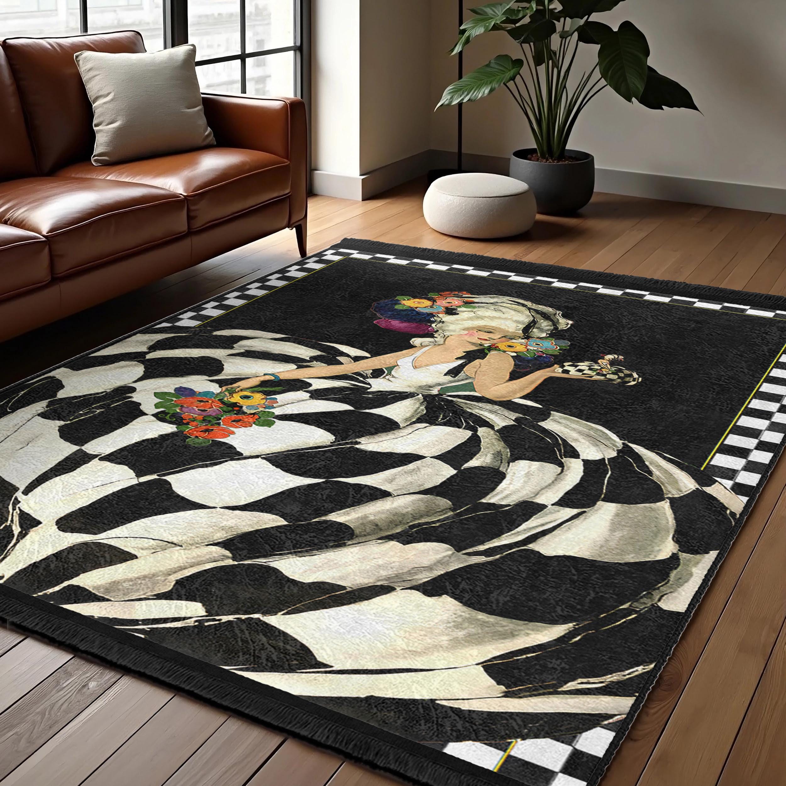 Baroque Lady Design Area Rug-black Checker Flower Mat-vintage Gown ...
