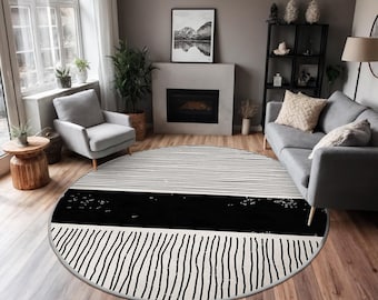 Black and White Striped Round Rug-Bold Monochrome Circle Carpet-Modern Living Room Oval Mat-Trendy Anti-slip Carpet-Graphic Area Circle Rug