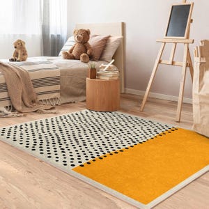 Polka Dot Gold Nursery Carpet-Black White Spot Kids Room Rug-Modern Playmat-Dotted Child Room Rug-Contemporary Baby Room Rug-Color Block Mat