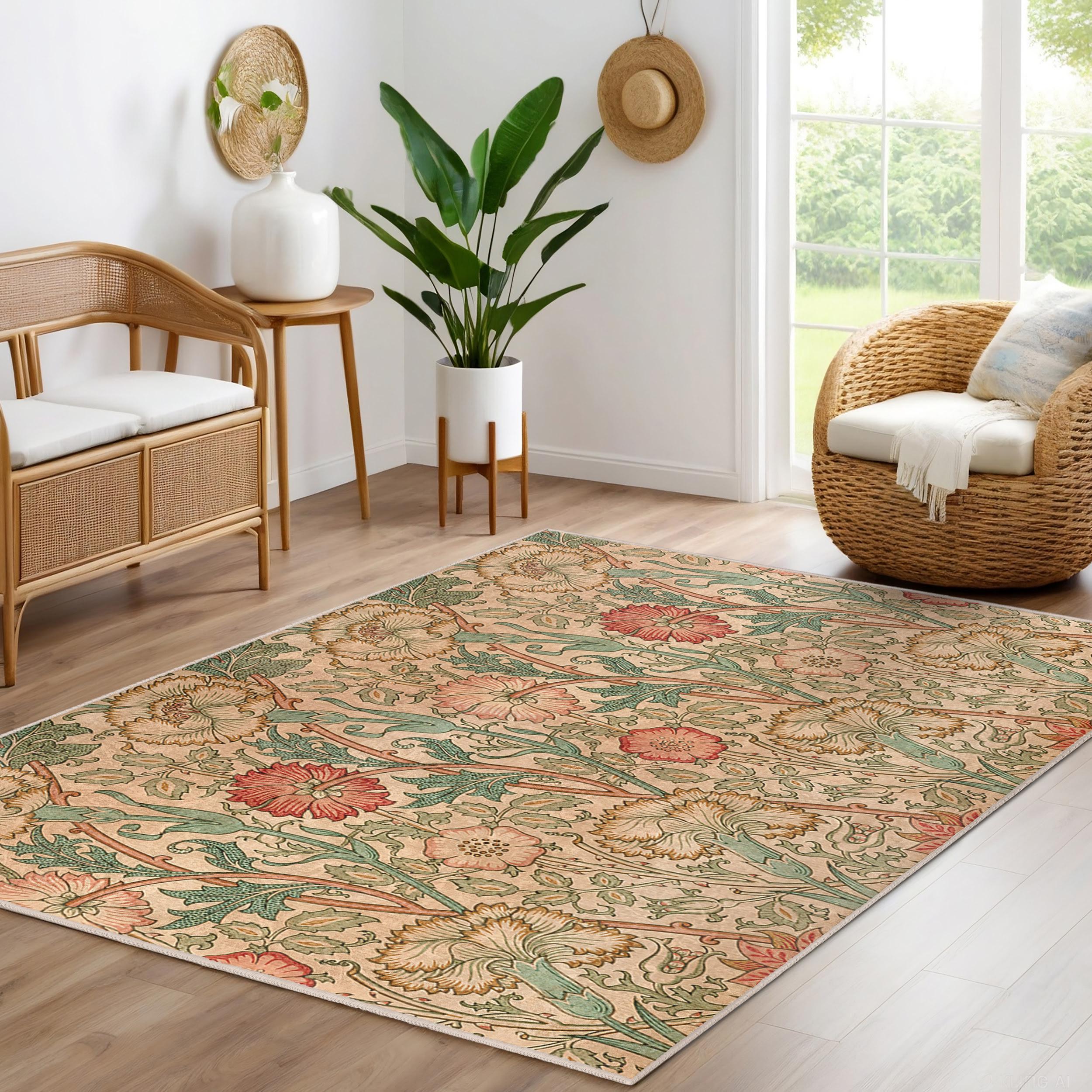 Floral Vintage Beige Area Rug-botanical Green Fern Design Accent Rug ...