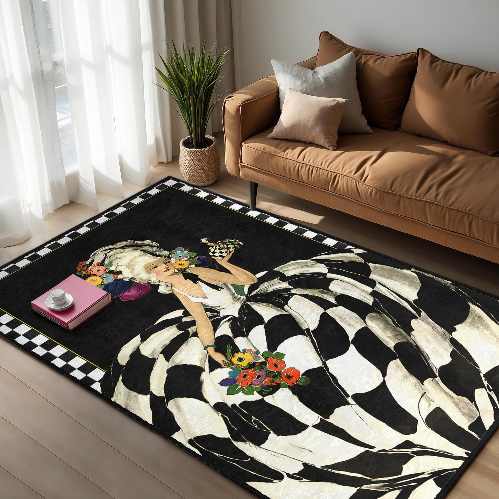 Baroque Lady Design Area Rug-black Checker Flower Mat-vintage Gown ...
