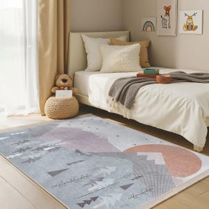 Pastel Geometric Mountains Kids Room Rug-Abstract Triangled Playmat-Aesthetic Toddler Carpet-Gray Pink Nursery Rug-Washable Baby Room Rug