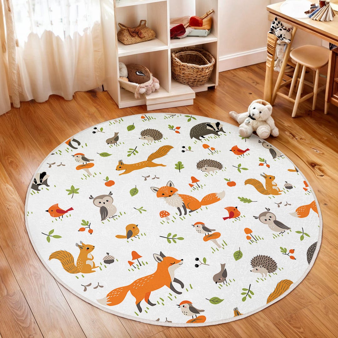 Hedgehog Rug Woodland Animals Kids Room Round Rug-fox Hedgehog Squirrel Circle ...