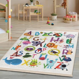 Alphabet Animal Friends Kids Room Rug-Colorful Letters Zoo Nursery Carpet-Playful Wildlife Nursery Rug-Fun Learning Toodler Mat-AntiSlip Mat