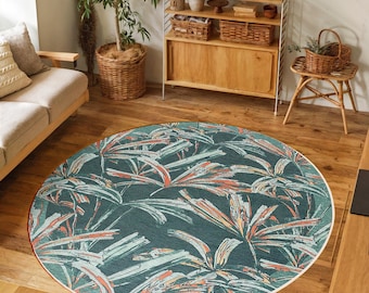 Tropical Leafy Green Circle Carpet-Palm Frond Abstract Round Rug-Boho Chic Round Carpet-Washable Trend Carpet-Modern Decor Circle Mat