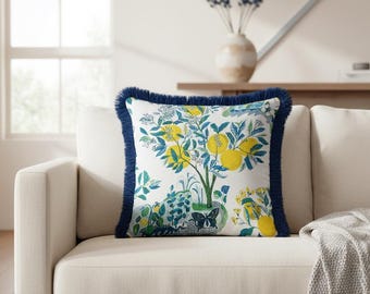 Mediterranean Lemon Tree Fringed Cushion Cover-Blue Citrus Tasseled Pillow Cover-Coastal Dopamine Decor Butterfly Velvet Tufty Trim Cushion