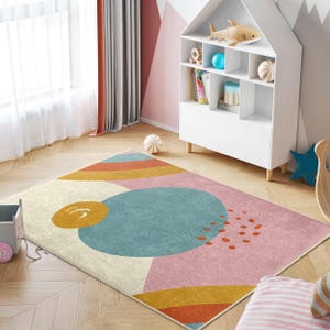 Colorful Abstract Shapes Kids Room Rug-Wavy Lines Circle Nursery Carpet-Modern Geometric Playmat-Blue Pink Child Room Rug-Anti Slip Mat