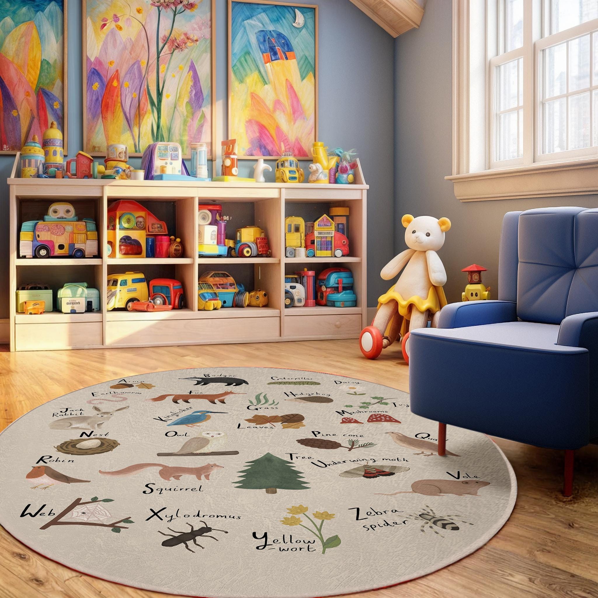 Round Alphabet Kids Room Rug-animal Learning Nursery Rug-nature ...
