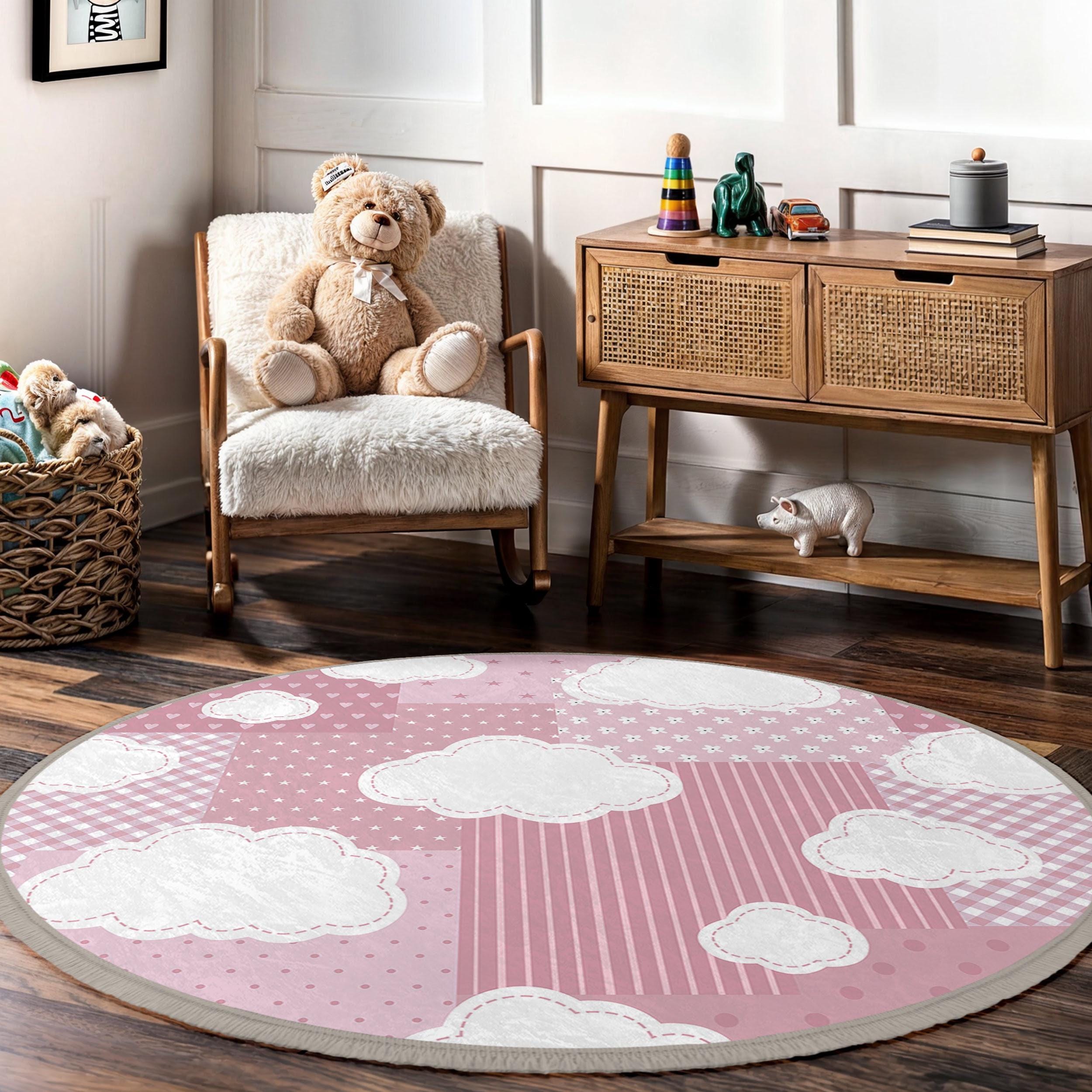 Pink Cloud Theme Kids Room Round Rug-plaid Star Heart Circle