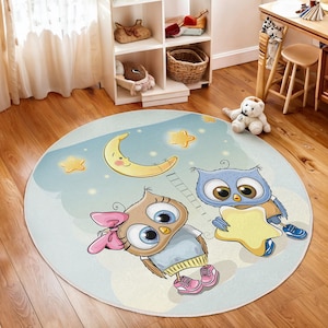 Alfombra redonda con diseño de búhos, luna y estrellas para habitación infantil. Alfombra circular con dibujos de búhos, cielo y estrellas. Alfombra circular para guardería. Alfombra de juegos con búho azul.