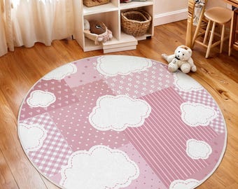Pink Cloud Theme Kids Room Round Rug-plaid Star Heart Circle