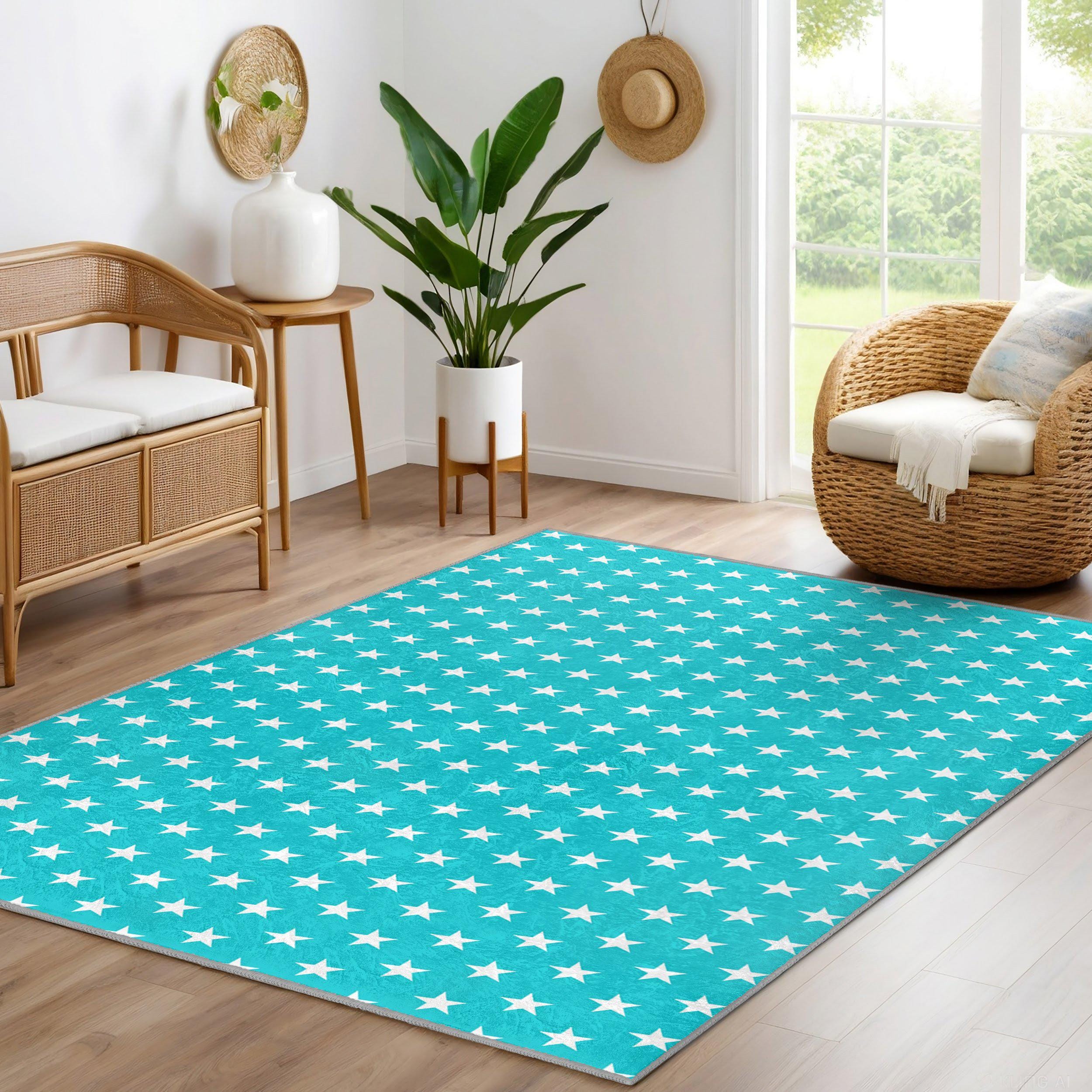 Blue Star Pattern Area Rug - Aqua White Stars Accent Carpet