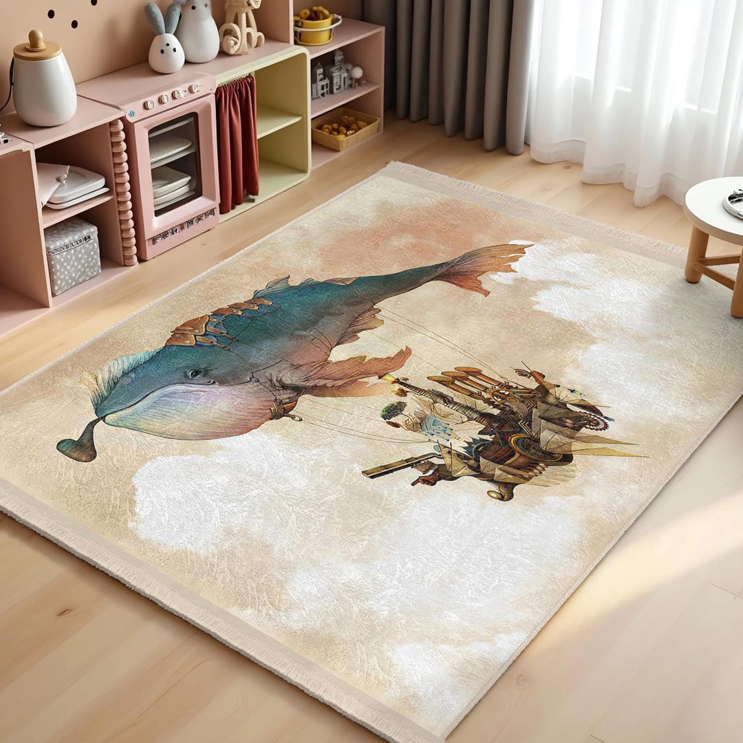 Whale Adventure Beige Kids Room Rug-steampunk Ocean Fantasy Nursery ...