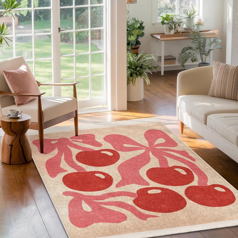 Cheerful Cottage Rug Cherry Bow Area Rug-rich Red Bow Design Accent Carpet-chic Beige Square ...