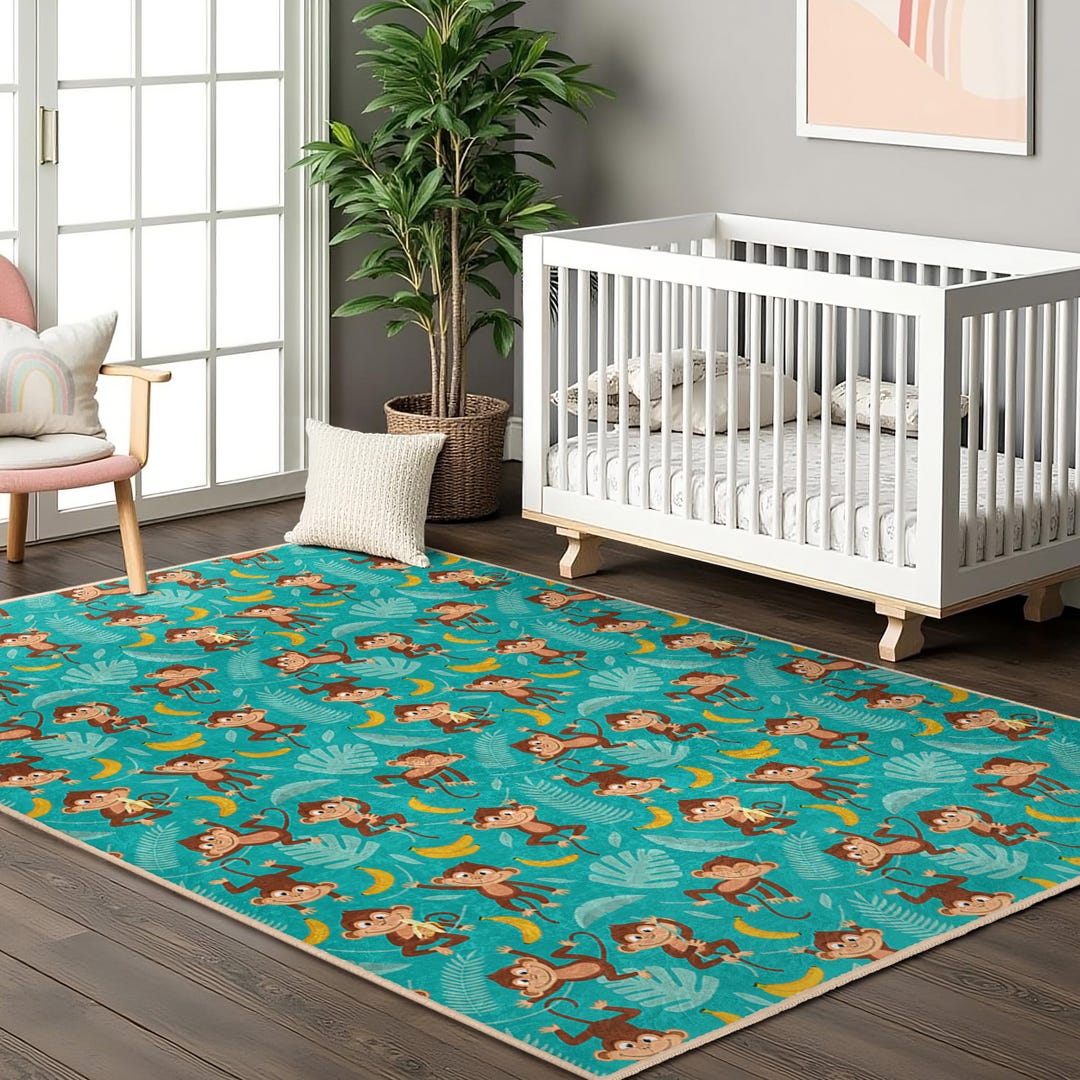 Monkey Banana Jungle Nursery Carpet-palm Leaf Monkey Kids Room Rug ...