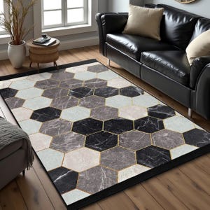Hexagon Geometric Area Rug-Gray Marble Tile Carpet-Modern Honeycomb Washable Rug-Black Floor Accent Mat-Gold Trim Living Room Square Rug