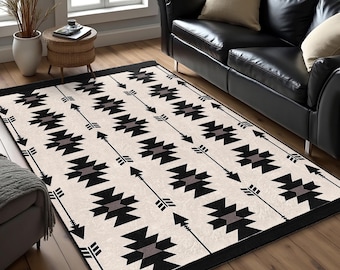 Black Arrow Tribal Accent Rug-Native Geometric Living Room Mat-Southwestern Area Carpet-Boho Washable Rug-Cream Aztec Floor Rug