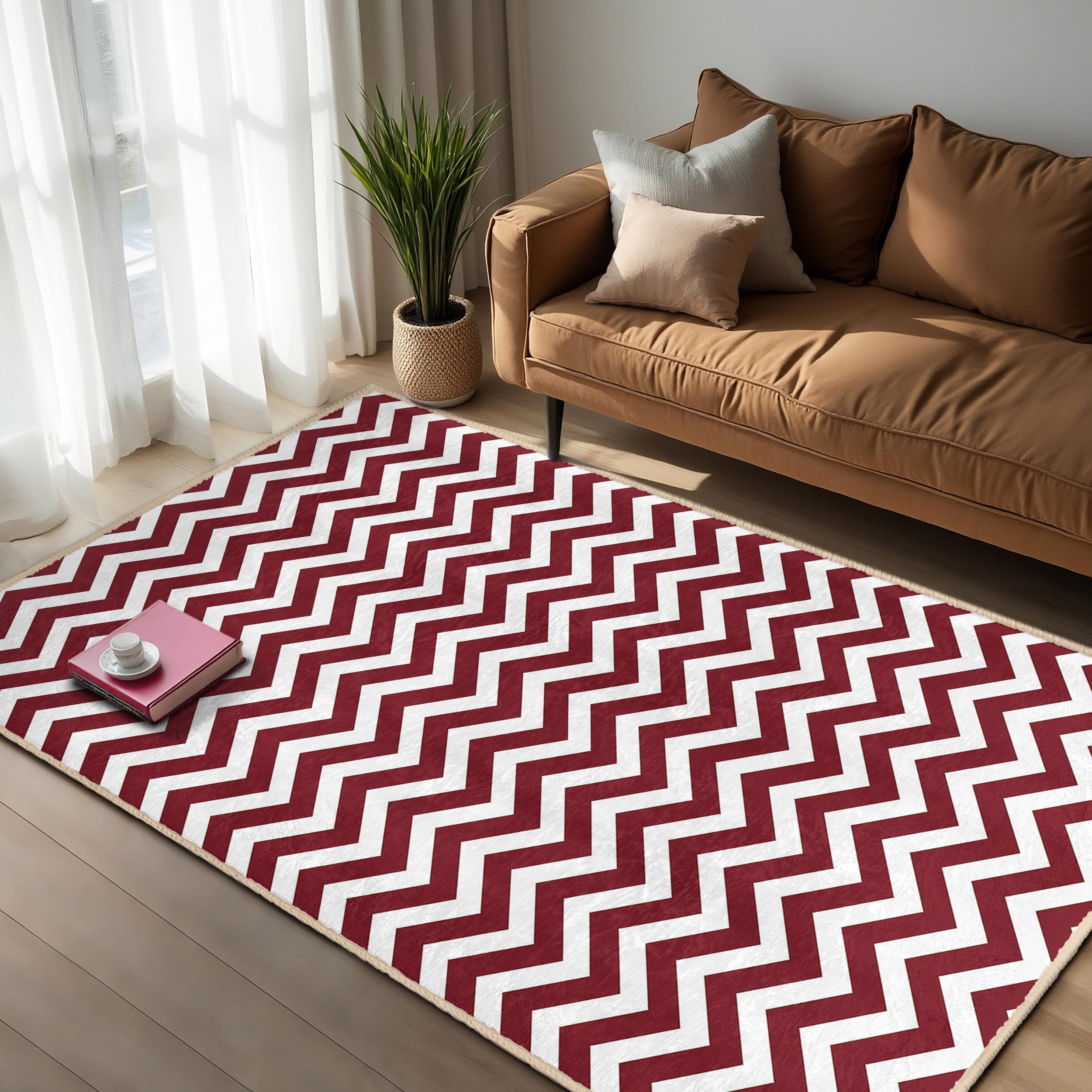 Zigzag Burgundy Area Rug-cream Chevron Accent Carpet-modern Anti