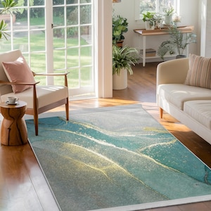 Teal Marble Accent Rug-Gold Vein Design Carpet-Turquoise Anti Slip Rug-Metallic Shine Area Mat-Modern Living Room Runner-Green Rug
