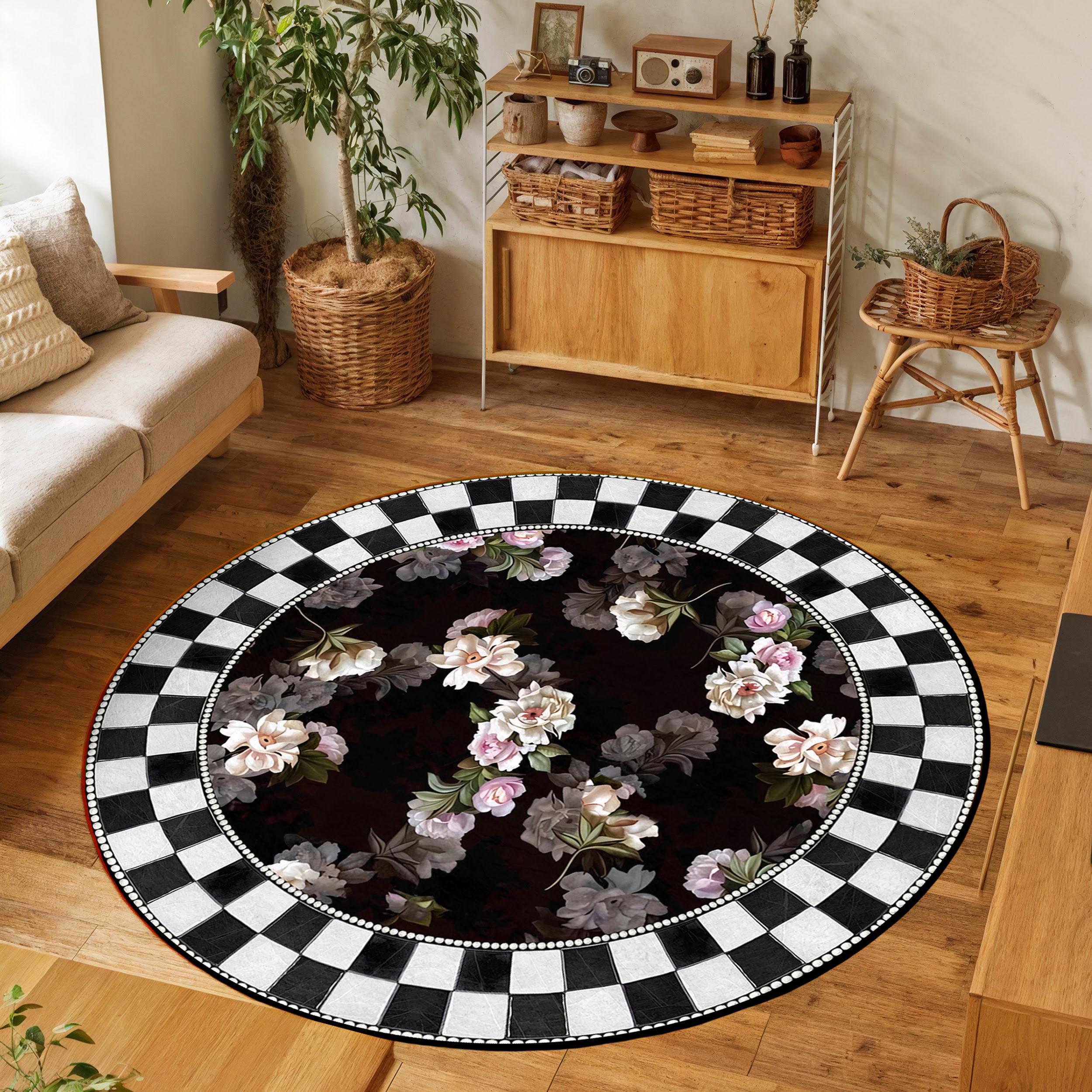Black Floral Circle Carpet-checkered Border Round Rug-vintage