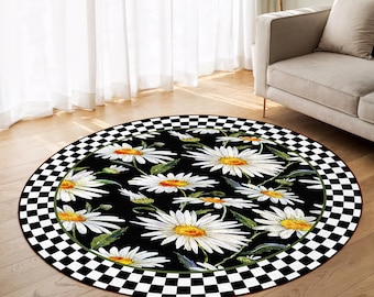 Alfombra circular con cuadros negros de margaritas - Alfombra circular con acentos llamativos de flores de margaritas - Alfombra redonda con estampado floral llamativo - Alfombra artística para sala de estar