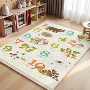Animal Numbers Playtime Kids Room Rug-Forest Creature Learning Nursery Carpet-Woodland Toddler Mat-Nature Inspired Child Room Rug