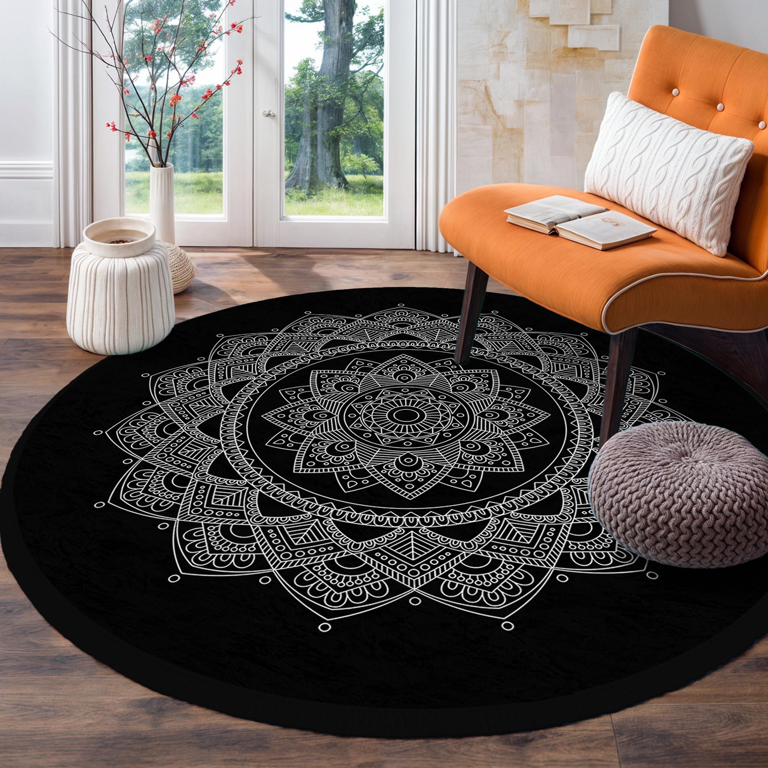Black Mandala Circle Carpet-floral Symmetrical Pattern Circle Mat