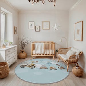 Bicycle Animal Blue Kids Room Round Rug-Cartoon Safari Train Circle Carpet-Hot Air Balloon Circle Mat-Kids Playroom Rug-Nursery Decor