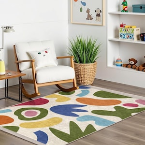 Colorful Abstract Shapes Kids Room Rug-Fun Multicolor Shapes Nursery Carpet-Modern Design Playmat-Artistic Child Room Rug-Anti Slip Mat