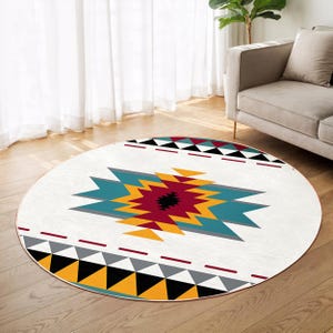 Teal and Yellow Geometric Round Rug-Aztec Chevron Tribal Circle Carpet-Boho Living Room Rug-Modern Trend Circle Mat-Washable Round Carpet