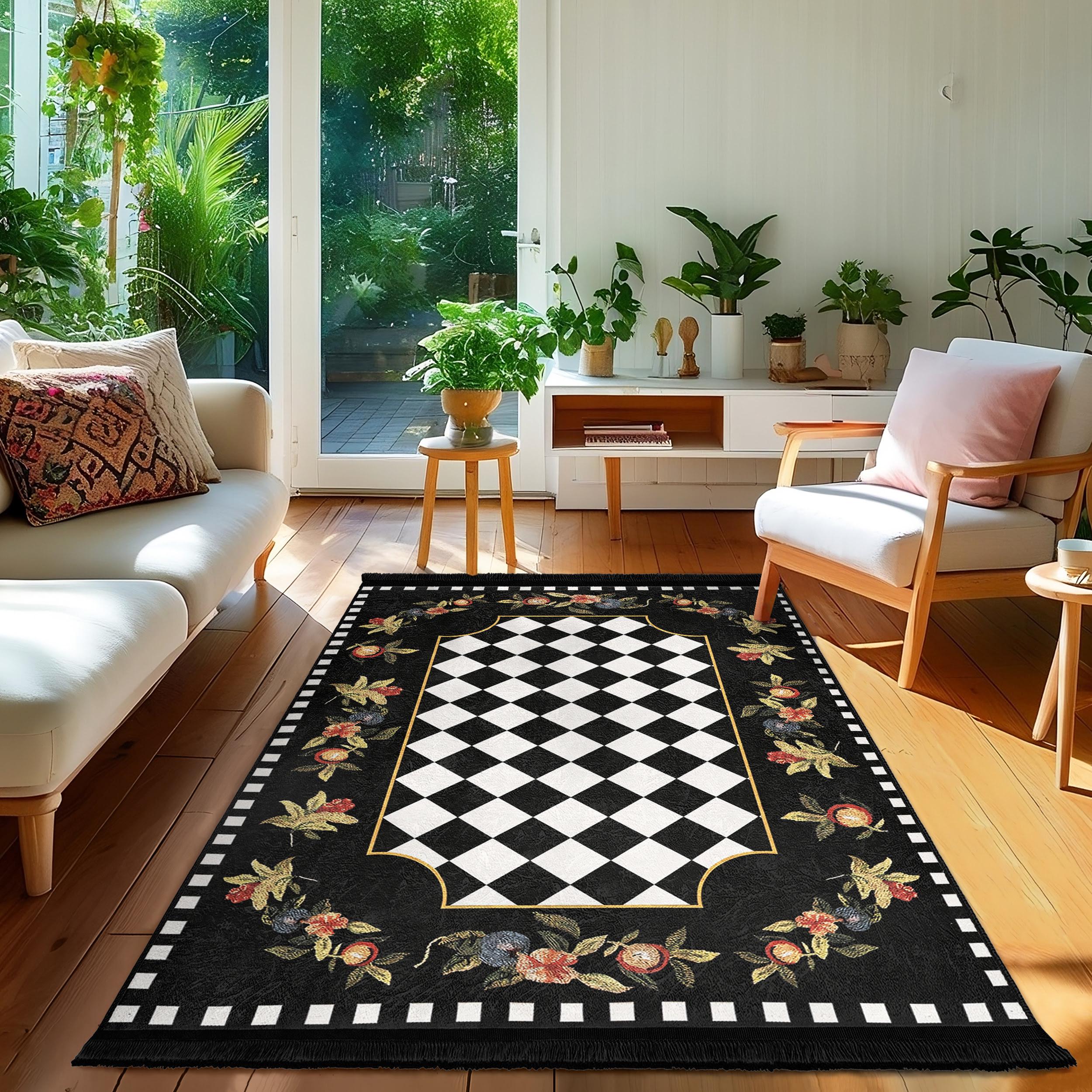 Black Checkered Floral Area Rug-gold Edged Chessboard Accent Mat ...