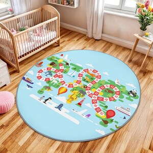 Abenteuer Karte Kinderzimmer Rund Teppich-Bunte Schlangen Leiter Kreis Teppich-Verspielte Tierwelt Kinderzimmer Dekor-Blau Waschbar Spielzimmer Matte