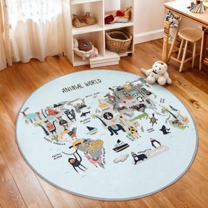 Tapis rond, carte du monde animal, motif animalier, tapis ovale, aventure mondiale, tapis pour chambre d'enfants, tapis de salle de jeux interactif, décoration de chambre d'enfant gris