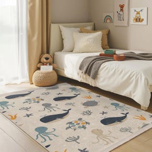 Underwater Friends Nursery Carpet-Whale Octopus Sea Life Nursery Rug-Aqua Coral Toddler Mat-Kids Room Ocean Playmat-Anti Slip Child Room Rug