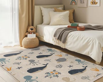 Underwater Friends Nursery Carpet-Whale Octopus Sea Life Nursery Rug-Aqua Coral Toddler Mat-Kids Room Ocean Playmat-Anti Slip Child Room Rug