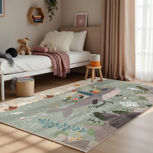 Whale Adventure Green Kids Room Rug-Mushroom Cloud Ocean Nursery Carpet-Undersea World Baby Room Rug-Playful Ocean Scene Toddler Mat