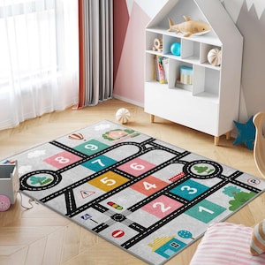 Colorful Hopscotch Fun Kids Room Rug-Race Track Adventure Nursery Carpet-Numbers Playmat Playroom-Kid Room Educational Rug-Gray Playmat