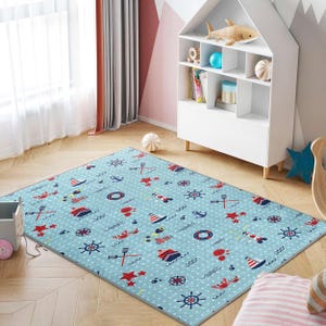 Nautical Theme Blue Kids Room Rug-Anchor Ship Wheel Nursery Carpet-Crab Lighthouse Child Room Rug-Sealife Washable Mat-Playmat Infant Decor