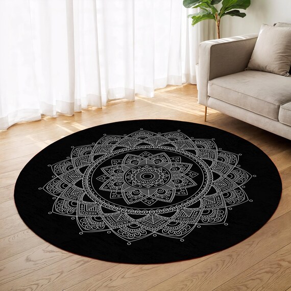 Black Mandala Circle Carpet-floral Symmetrical Pattern Circle Mat