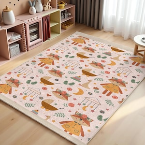 Fox and Flowers Nursery Carpet-Animal Friends Pink Rug-Toddler Fox Design Mat-Fun Kids Room Playmat-Washable Anti-Slip Child Room Rug