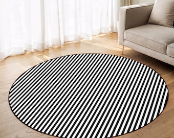 Black and White Striped Round Rug-Diagonal Lines Pattern Circle Carpet-Modern Decor Washable Rug-Trend Carpet Oval Mat-Living Room Rug