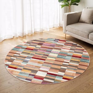 Colorful Geometric Stripe Round Rug-Multicolor Rectangular Blocks Circle Carpet-Washable Carpet-Modern Living Room Rug-Anti-slip Circle Mat