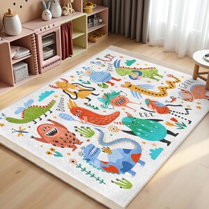 Colorful Dino Adventure Kids Room Rug-Fun Dinosaur Jungle Nursery Carpet-Whimsical Wildlife Baby Room Rug-Toddlers' Anti-Slip Playmat