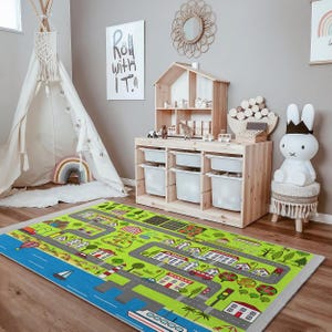 Vibrant Cityscape Nursery Carpet-Interactive Road Map Kids Room Rug-Green Traffic Playmat-Anti Slip Child Room Rug-Washable Baby Room Rug