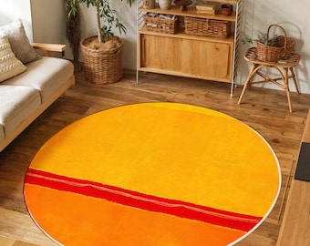 Burnt Orange Splash Round Rug-Bold Red Stripe Circle Carpet-Vibrant Abstract Round Carpet-Eye-Catching Living Room Rug-Yellow Circle Mat