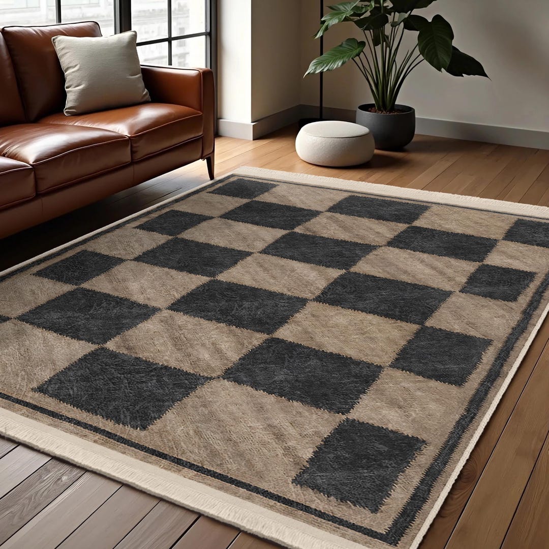 Checkered Black Beige Area Rug-checkerboard Pattern Accent Rug-classy ...