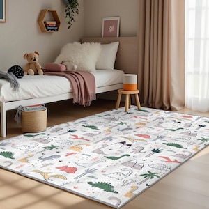 Dinosaur Adventure Nursery Carpet-Dino Creatures Playroom Rug-Colorful Prehistoric Child Room Rug-Fun Dino Baby Room Rug-NonSlip Toddler Mat