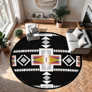 Southwestern Geometric Black Circle Carpet-Aztec Patterns Circle Carpet-Bohemian Style Round Carpet-Living Room Rug-Modern Decor Round Rug