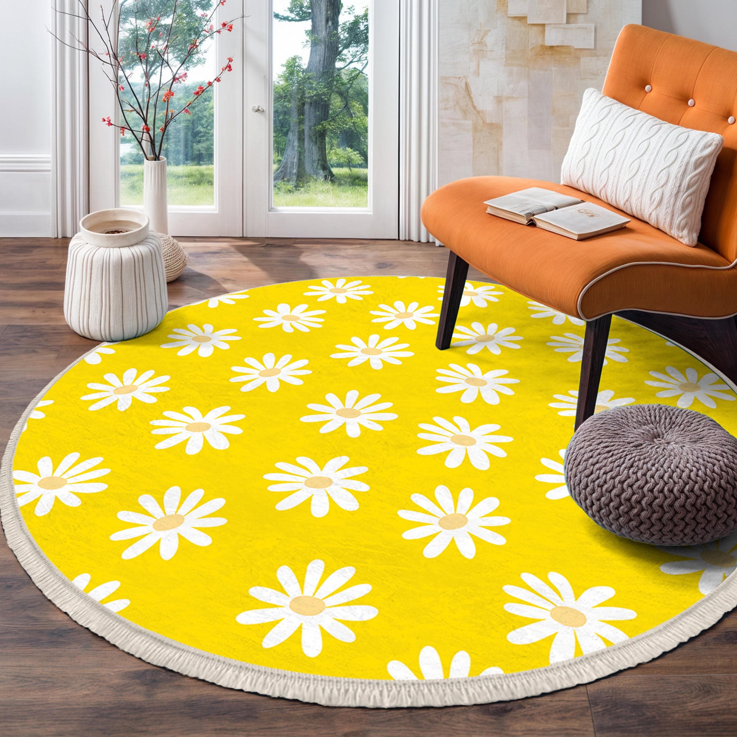 Yellow Daisy Circle Carpet-floral Petal Round Rug-vivid Room
